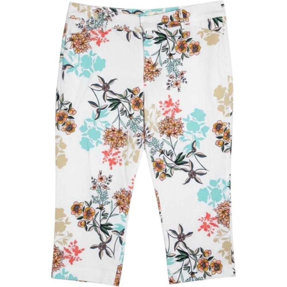 St. John's Bay Floral Crop Pants Womens 10 White Multi Capri Stretch Casual